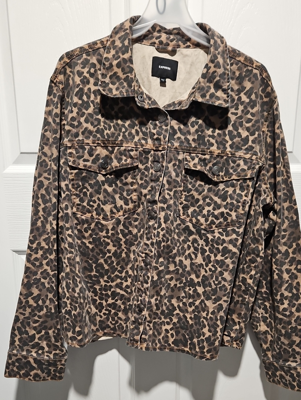Express Leopard Print Jean Jacket in Brown and Black